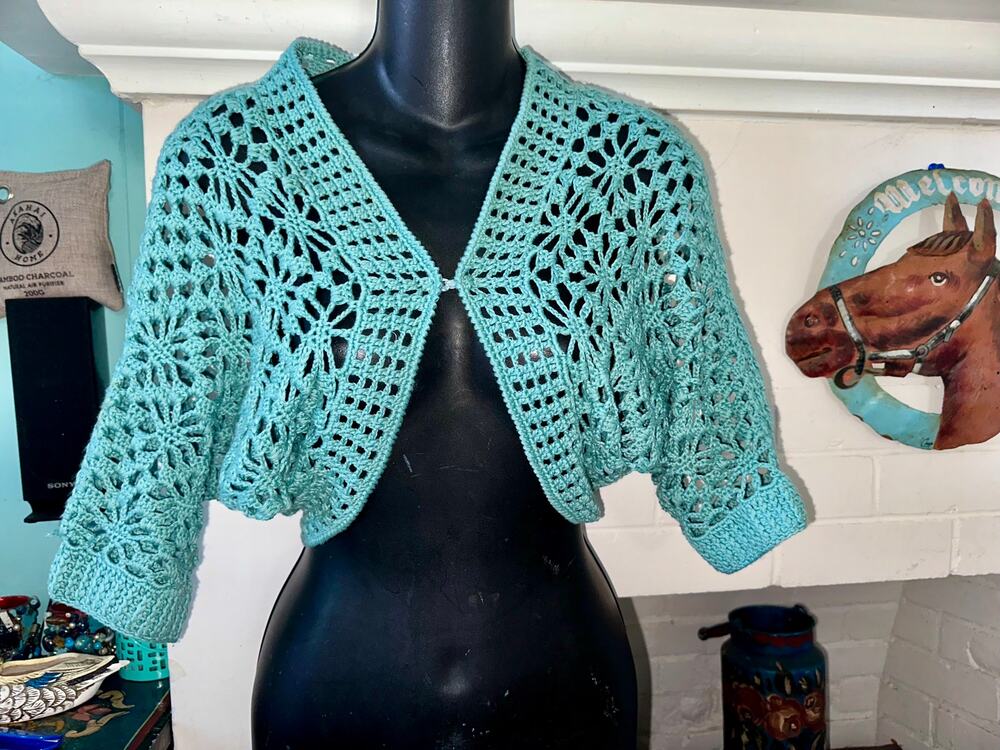 VINTAGE BOHO TURQUOISE COTTAGECORE CROCHET CROP CARDIGAN BOLERO S